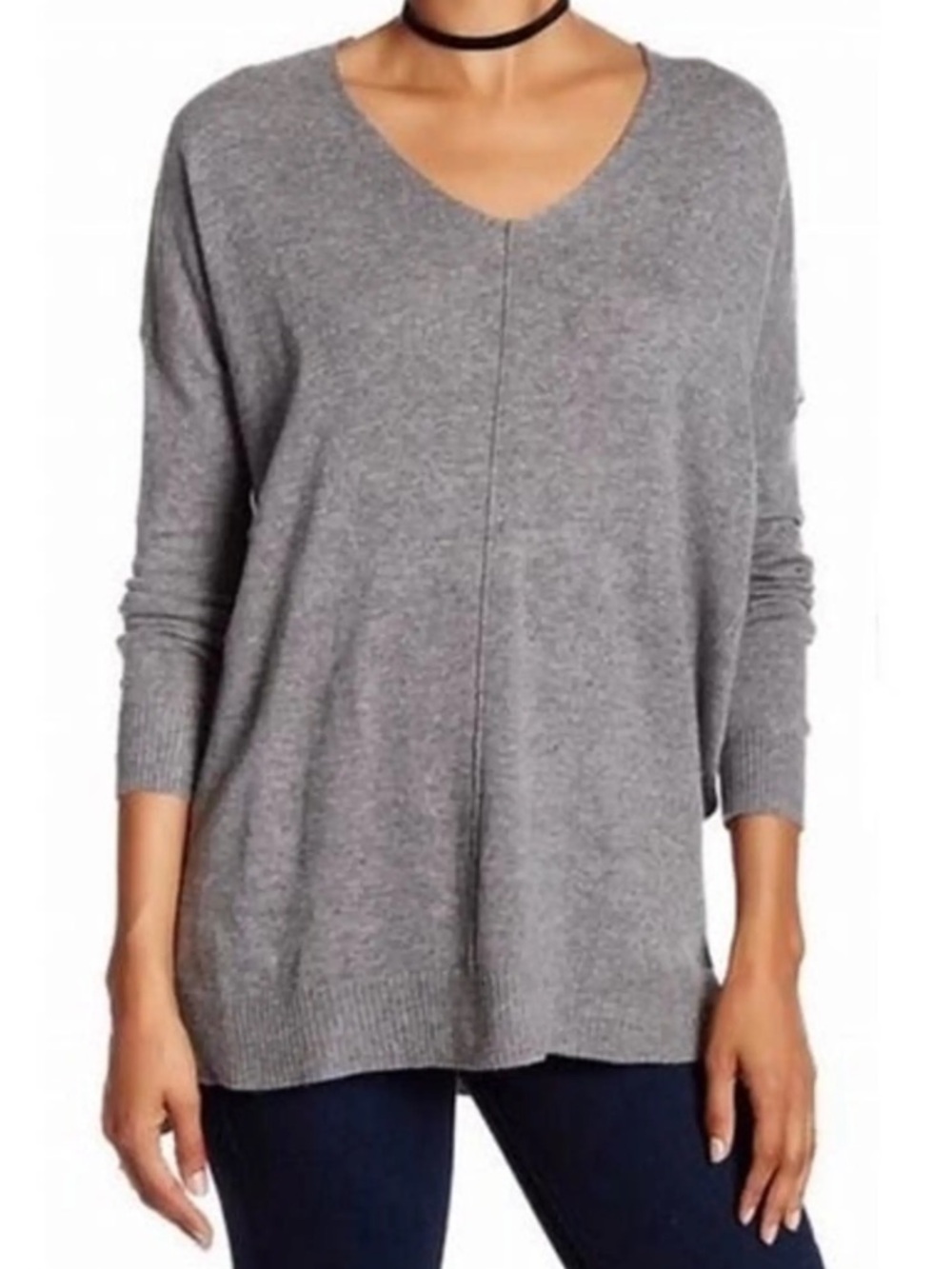 Dreamers Gray V-Neck Front Seam Knit Sweater